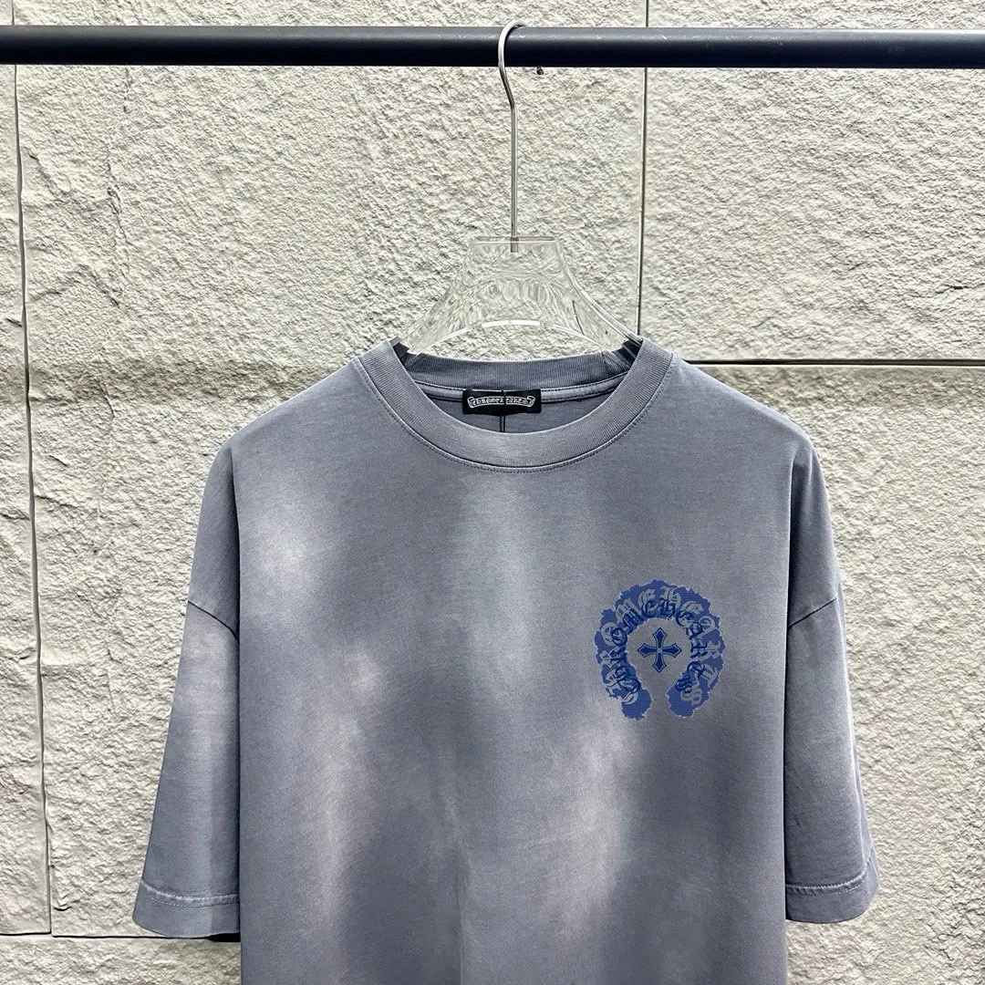 🅿️190 CH Crow Heart 2025 Summer New Style Heavy pickling with gradient distressing Chest logo Horseshoe print Customized fabric Short-sleeved T-shirt Unisex Size: S M L